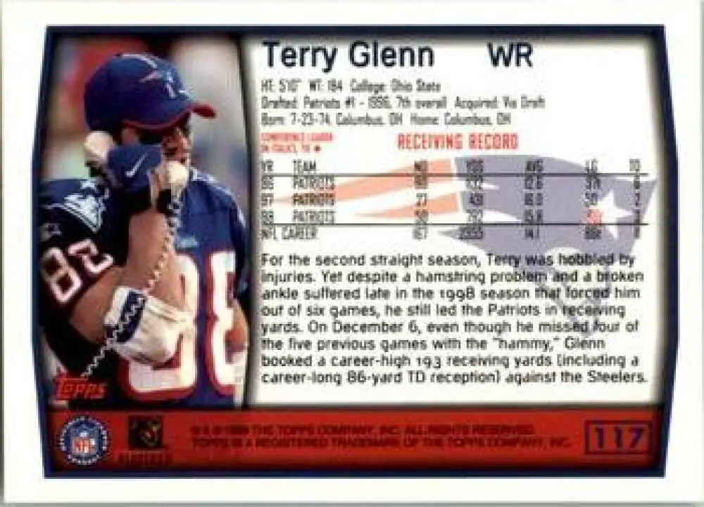 1999 Topps #117 Terry Glenn EX Excellent New England Patriots Football Card - Football Card Single