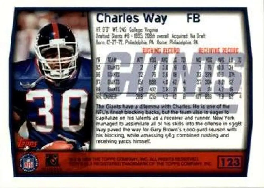1999 Topps #123 Charles Way EX Excellent New York Giants Football Card - Football Card Single