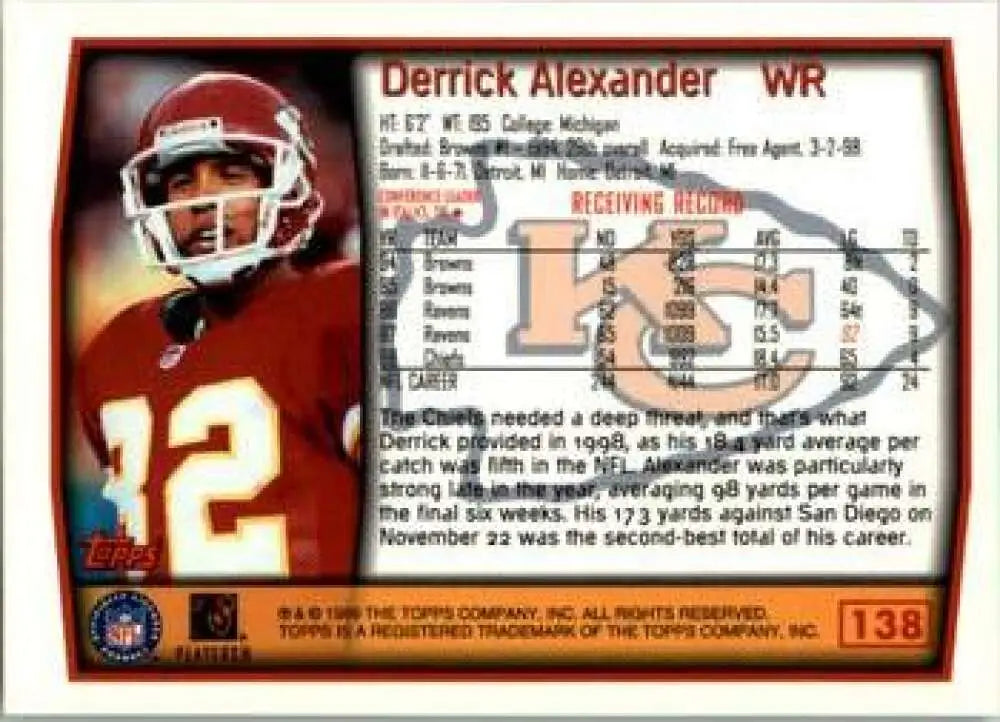 1999 Topps #138 Derrick Alexander EX Excellent Kansas City Chiefs Football Card - Football Card Single