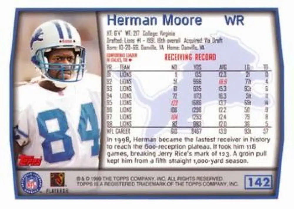 1999 Topps #142 Herman Moore EX Excellent Detroit Lions Football Card - Football Card Single