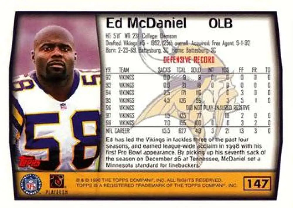 1999 Topps #147 Ed McDaniel EX Excellent Minnesota Vikings Football Card - Football Card Single