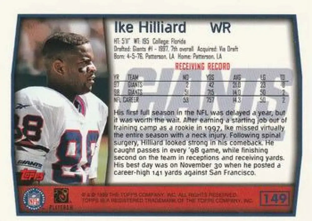 1999 Topps #149 Ike Hilliard EX Excellent New York Giants Football Card - Football Card Single
