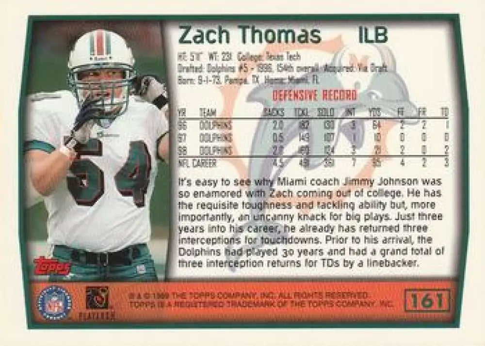 1999 Topps #161 Zach Thomas EX Excellent Miami Dolphins Football Card - Football Card Single