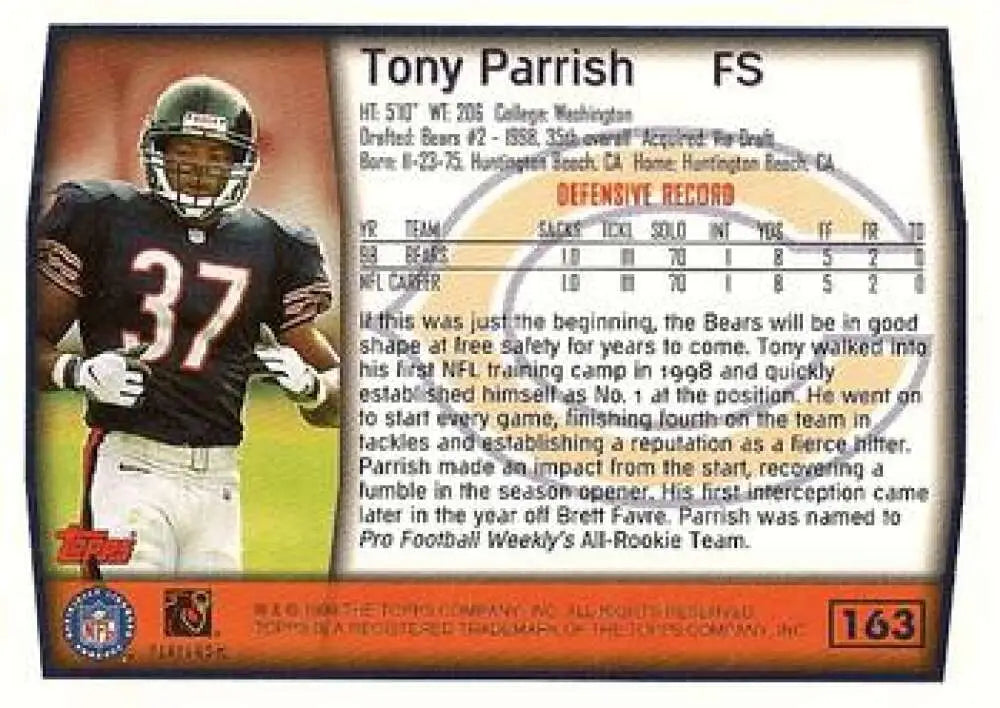 1999 Topps #163 Tony Parrish EX Excellent Chicago Bears Football Card - Football Card Single