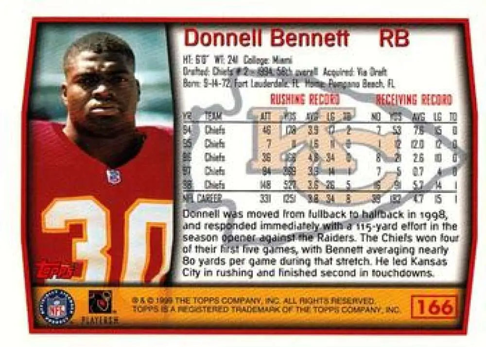 1999 Topps #166 Donnell Bennett EX Excellent Kansas City Chiefs Football Card - Football Card Single