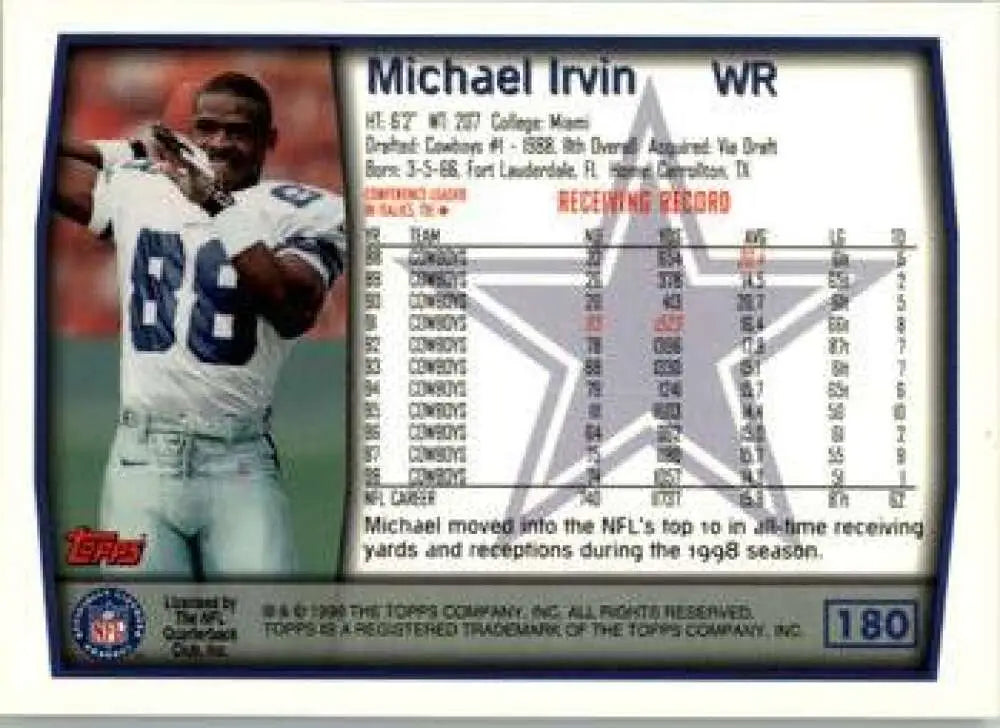 1999 Topps #180 Michael Irvin EX Excellent Dallas Cowboys Football Card - Football Card Single
