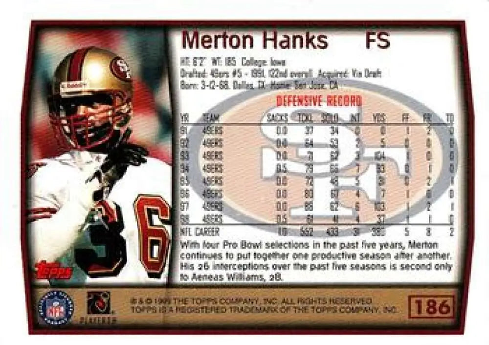 1999 Topps #186 Merton Hanks EX Excellent San Francisco 49ers Football Card - Football Card Single
