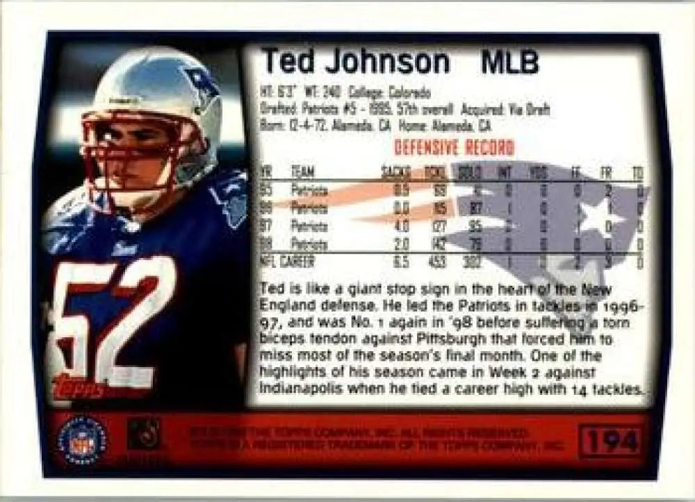 1999 Topps #194 Ted Johnson EX Excellent New England Patriots Football Card - Football Card Single