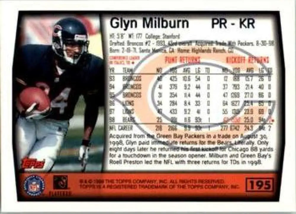 1999 Topps #195 Glyn Milburn EX Excellent Chicago Bears Football Card - Football Card Single