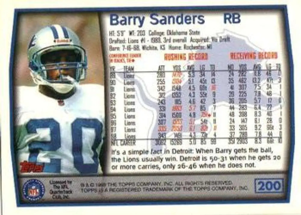 1999 Topps #200 Barry Sanders EX Excellent Detroit Lions Football Card - Football Card Single