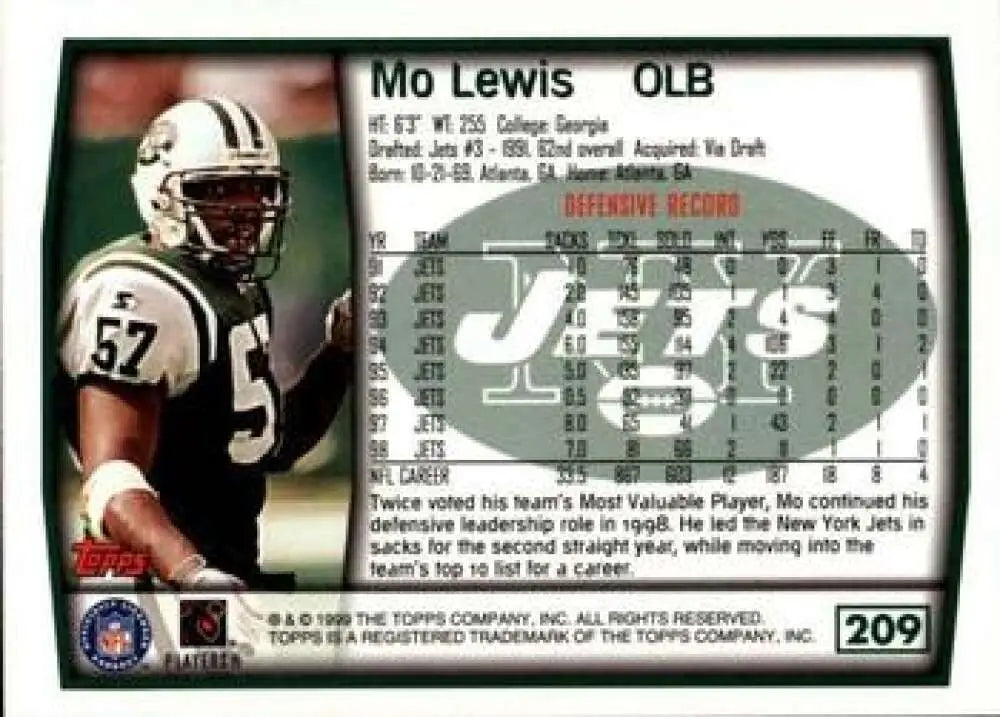 1999 Topps #209 Mo Lewis EX Excellent New York Jets Football Card - Football Card Single