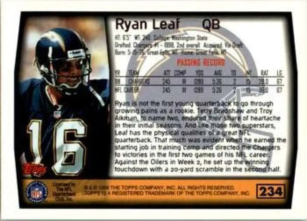 1999 Topps #234 Ryan Leaf EX Excellent San Diego Chargers Football Card - Football Card Single