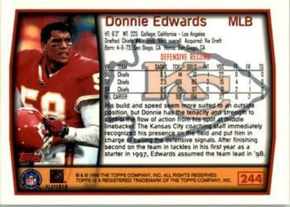 1999 Topps #244 Donnie Edwards EX Excellent Kansas City Chiefs Football Card - Football Card Single
