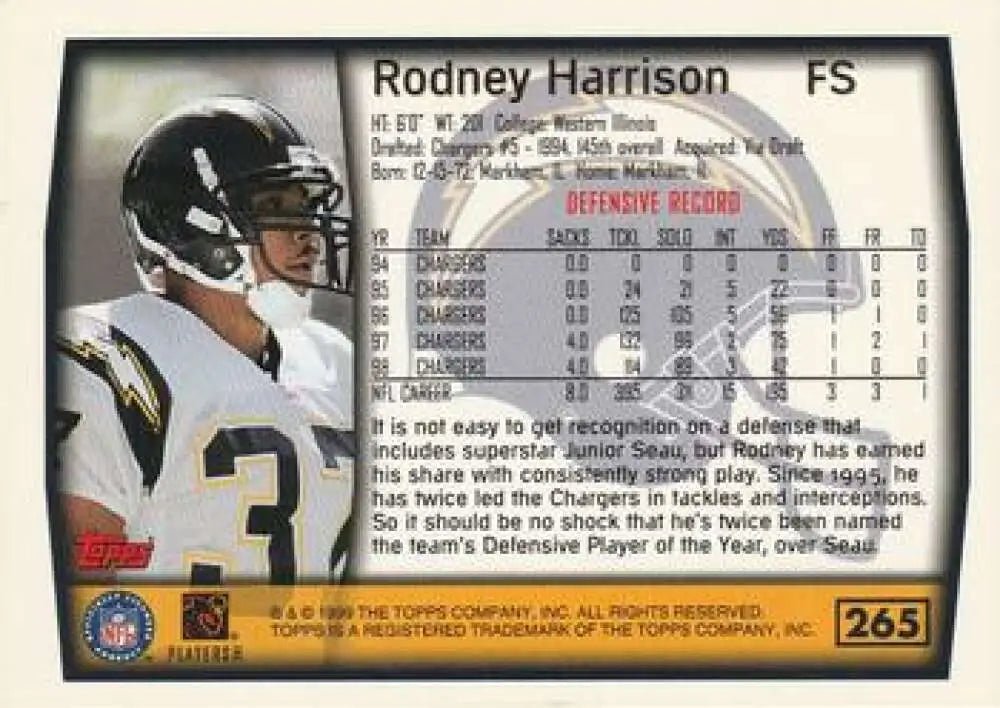 1999 Topps #265 Rodney Harrison EX Excellent San Diego Chargers Football Card - Football Card Single