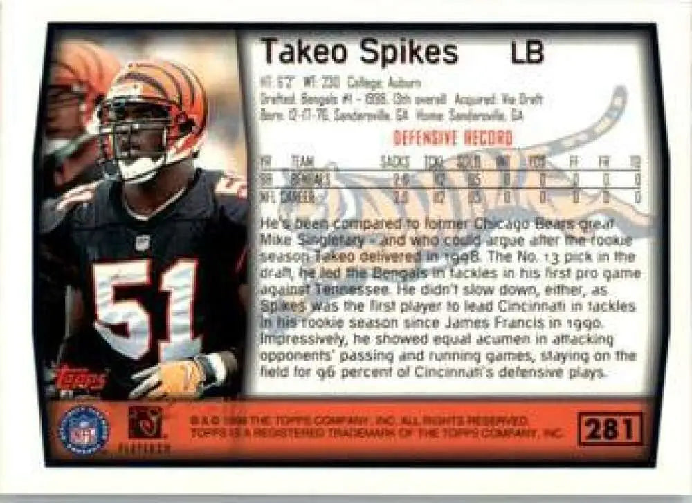 1999 Topps #281 Takeo Spikes EX Excellent Cincinnati Bengals Football Card - Football Card Single