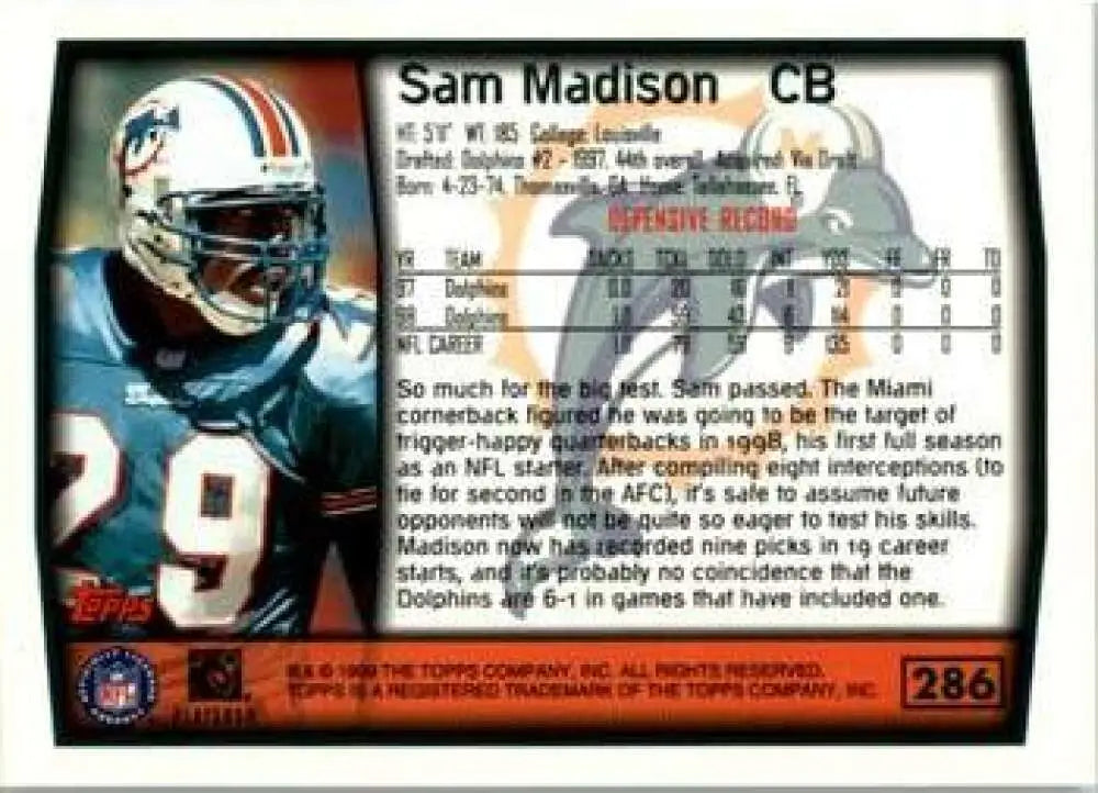 1999 Topps #286 Sam Madison EX Excellent Miami Dolphins Football Card - Football Card Single