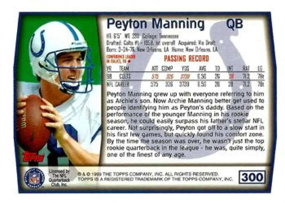 1999 Topps #300 Peyton Manning EX Excellent Indianapolis Colts Football Card - Football Card Single