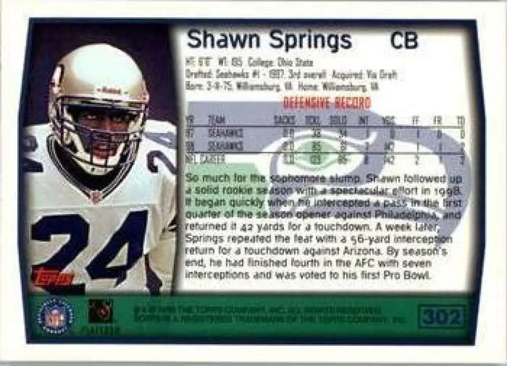 1999 Topps #302 Shawn Springs EX Excellent Seattle Seahawks Football Card - Football Card Single
