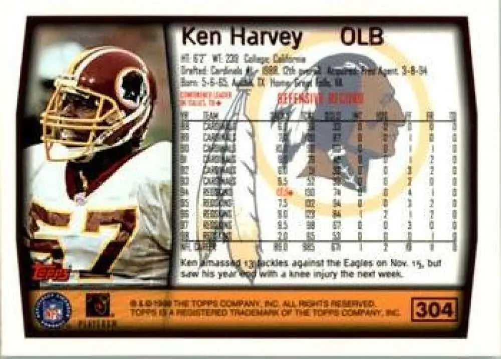 1999 Topps #304 Ken Harvey EX Excellent Washington Redskins Football Card - Football Card Single
