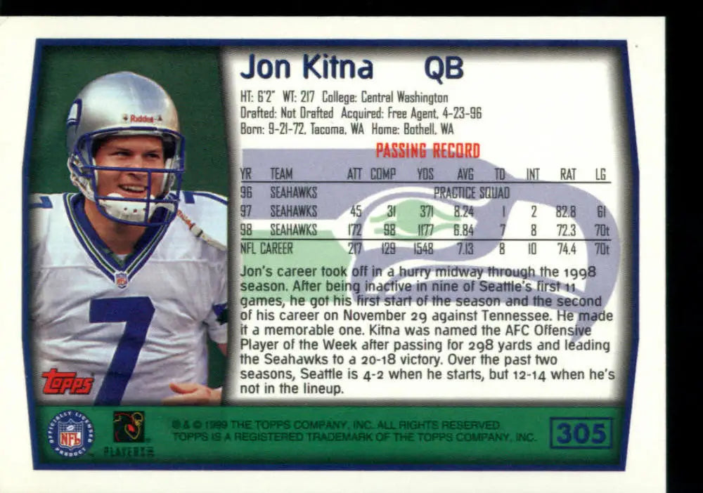 1999 Topps #305 Jon Kitna EX Excellent Seattle Seahawks Football Card - Football Card Single