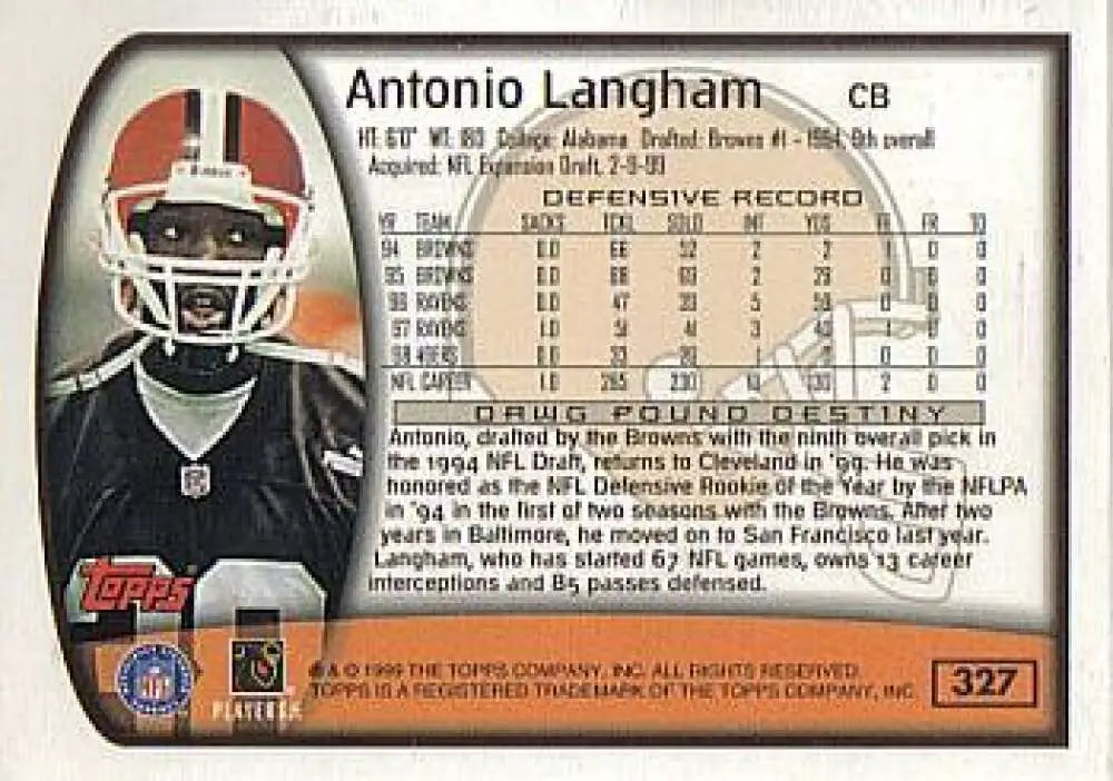 1999 Topps #327 Antonio Langham EX Excellent Cleveland Browns Football Card - Football Card Single
