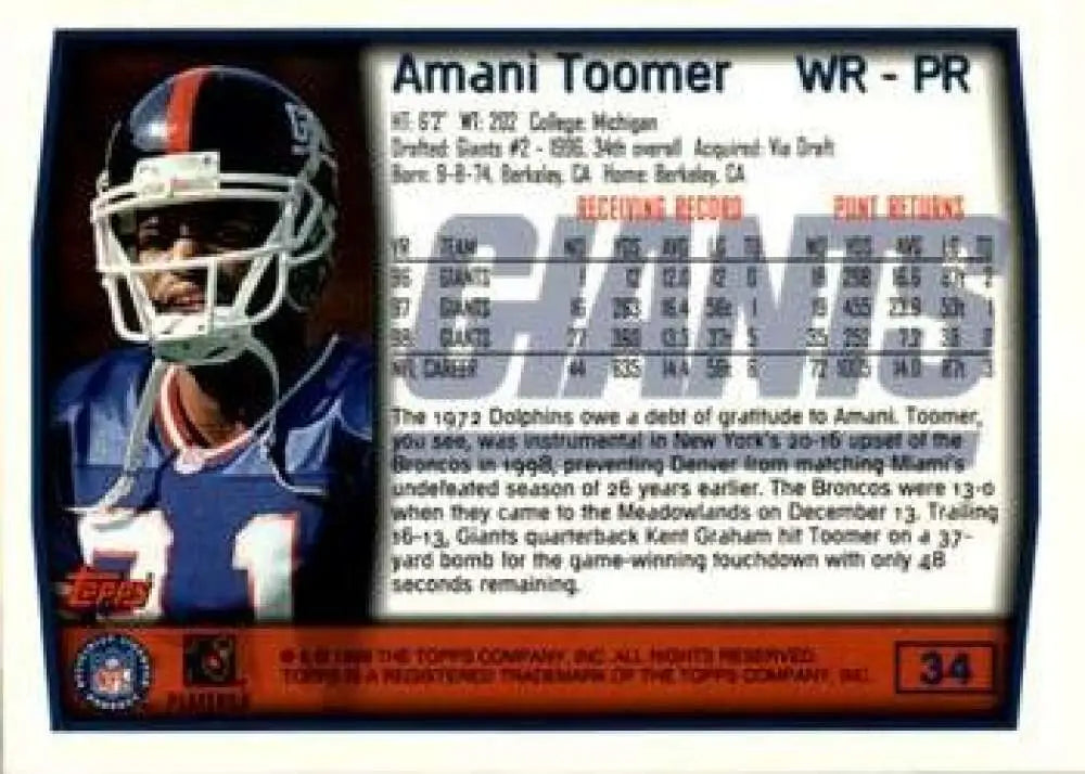 1999 Topps #34 Amani Toomer EX Excellent New York Giants Football Card - Football Card Single