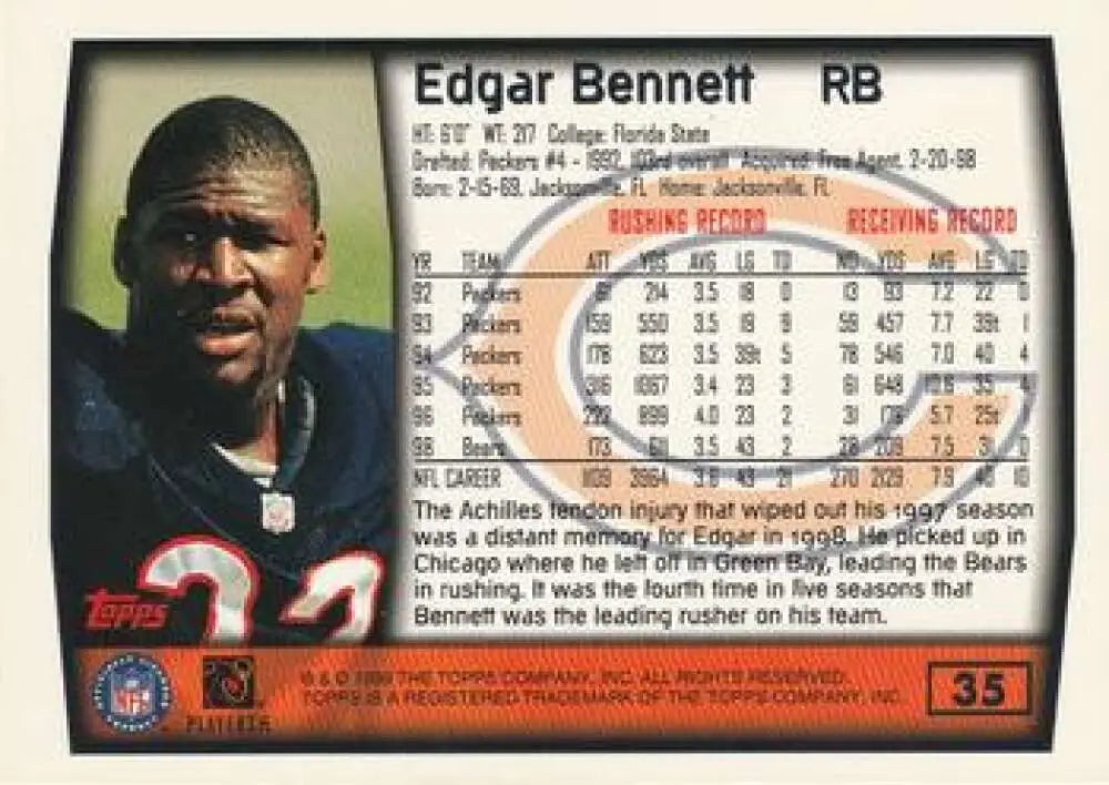 1999 Topps #35 Edgar Bennett EX Excellent Chicago Bears Football Card - Football Card Single