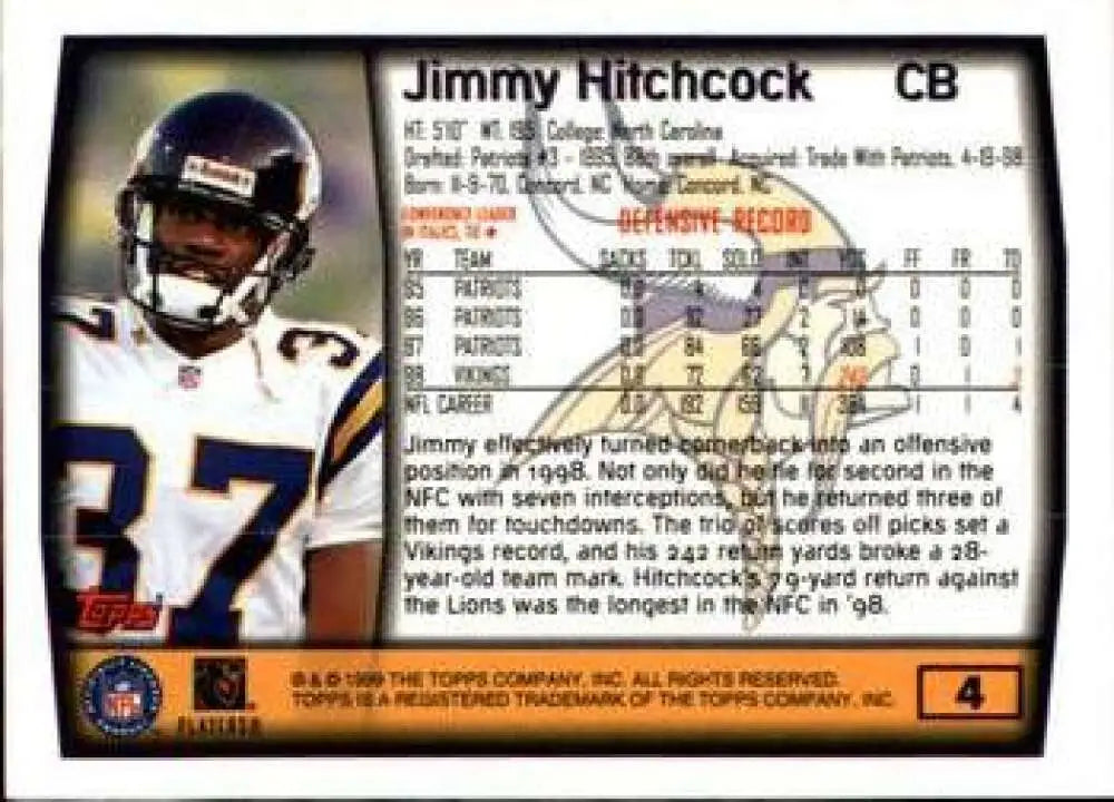 1999 Topps #4 Jimmy Hitchcock EX Excellent Minnesota Vikings Football Card - Football Card Single