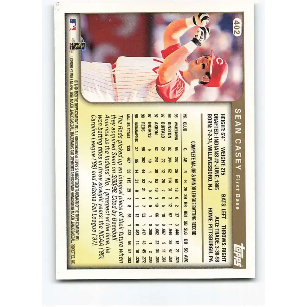 1999 Topps #402 Sean Casey NM-MT Cincinnati Reds Baseball Card - Baseball Card Single