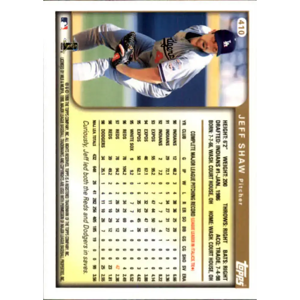 1999 Topps #410 Jeff Shaw NM-MT Los Angeles Dodgers Baseball Card - Baseball Card Single