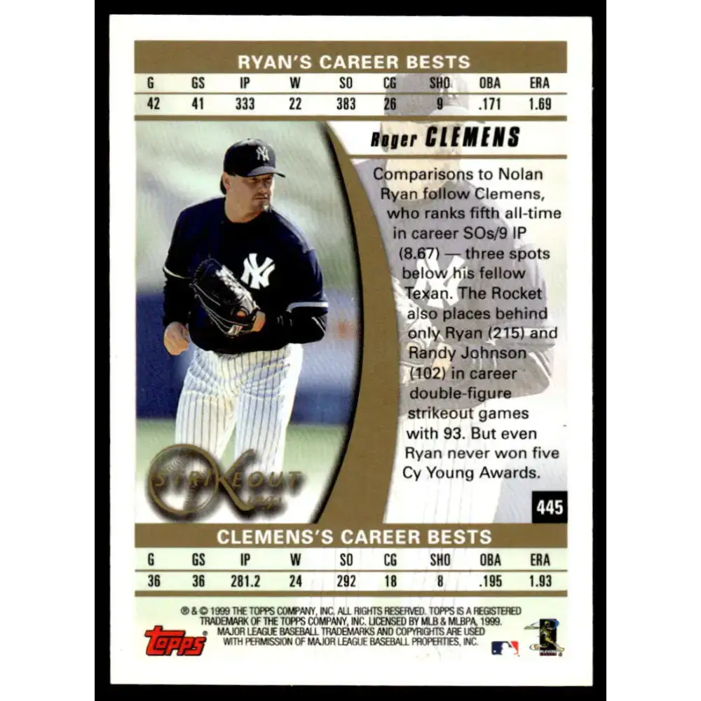 1999 Topps #445 Roger Clemens EX/NM New York Yankees Baseball Card - Baseball Card Single