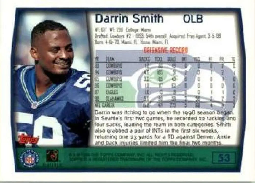 1999 Topps #53 Darrin Smith EX Excellent Seattle Seahawks Football Card - Football Card Single
