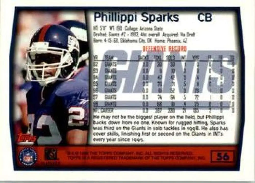 1999 Topps #56 Phillippi Sparks EX Excellent New York Giants Football Card - Football Card Single