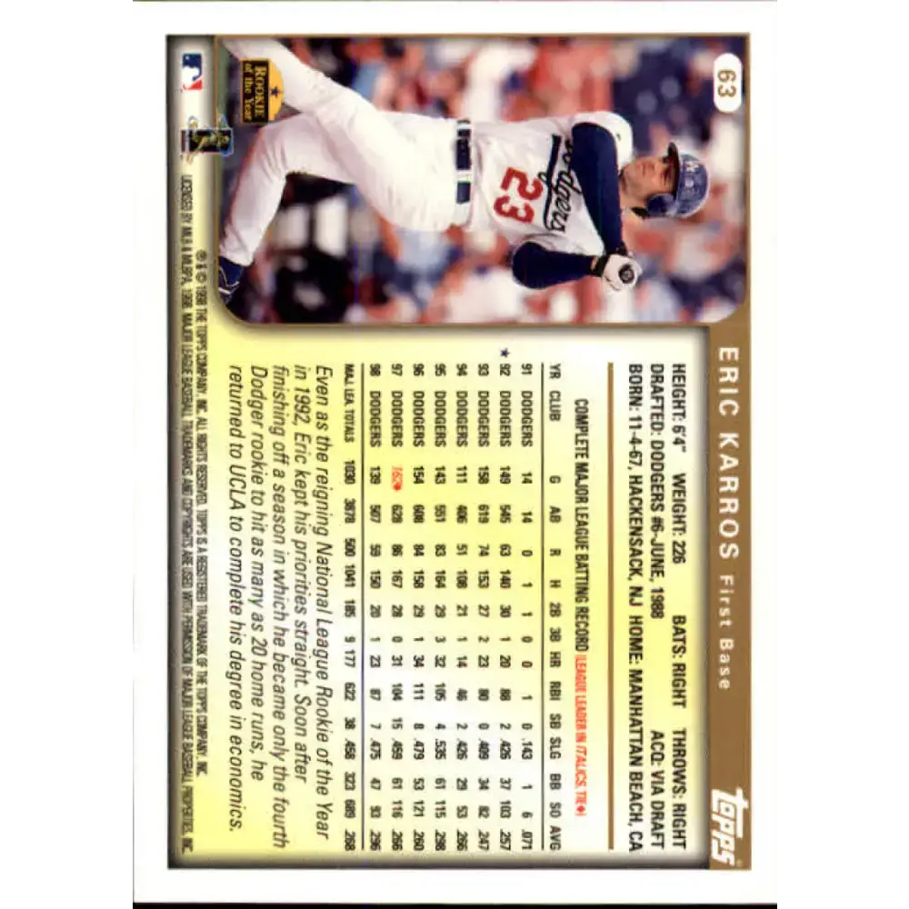 1999 Topps #63 Eric Karros NM-MT Los Angeles Dodgers Baseball Card - Baseball Card Single