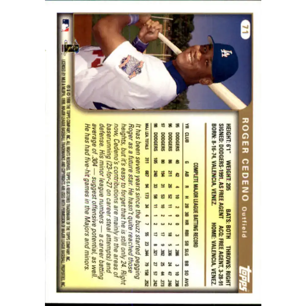 1999 Topps #71 Roger Cedeno NM-MT Los Angeles Dodgers Baseball Card - Baseball Card Single