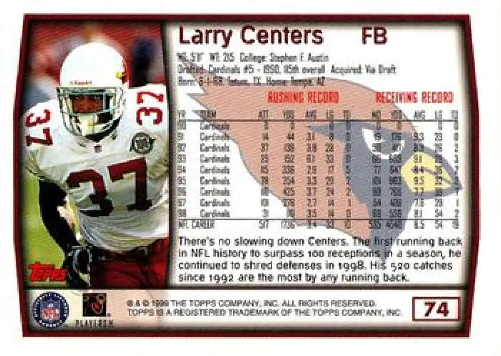 1999 Topps #74 Larry Centers EX Excellent Arizona Cardinals Football Card - Football Card Single