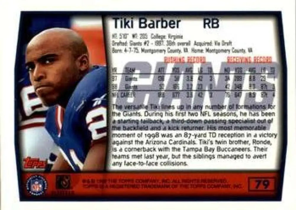 1999 Topps #79 Tiki Barber EX Excellent New York Giants Football Card - Football Card Single
