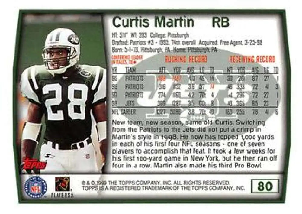 1999 Topps #80 Curtis Martin EX Excellent New York Jets Football Card - Football Card Single