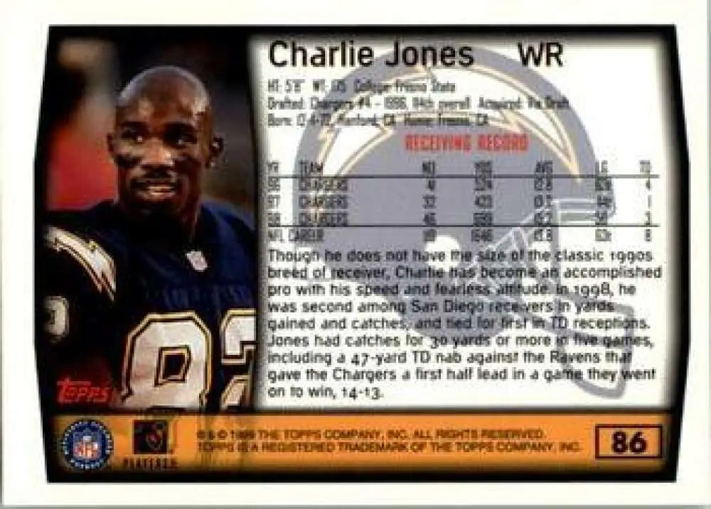 1999 Topps #86 Charlie Jones EX Excellent San Diego Chargers Football Card - Football Card Single