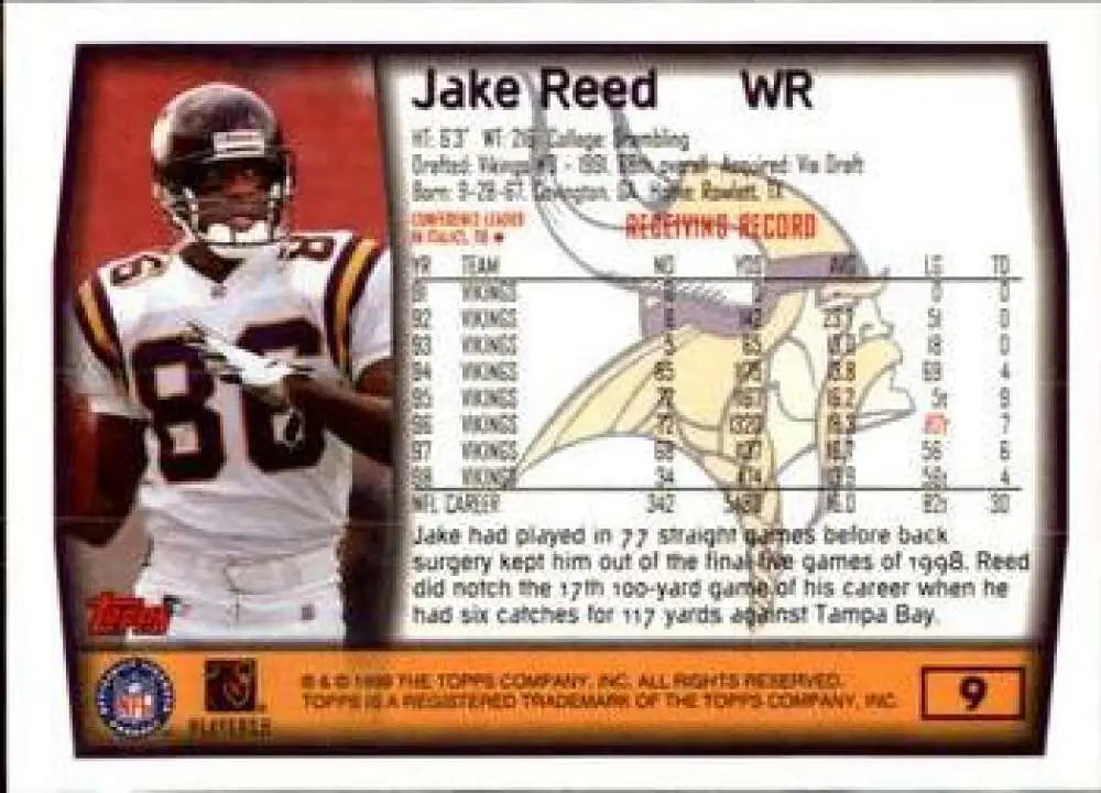 1999 Topps #9 Jake Reed EX Excellent Minnesota Vikings Football Card - Football Card Single