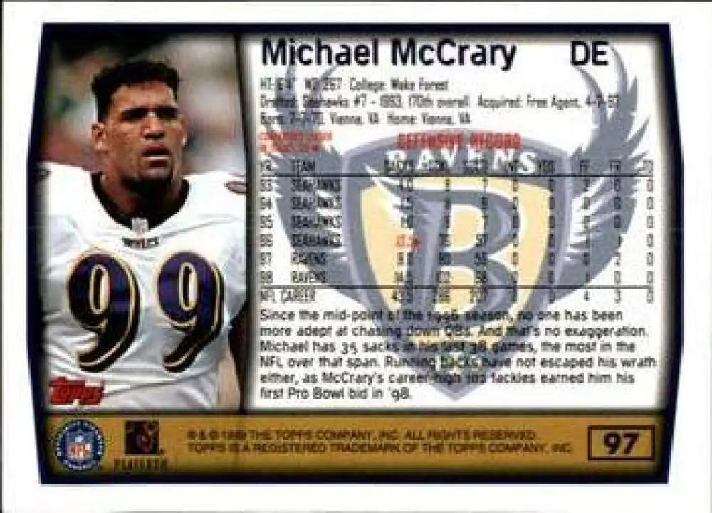 1999 Topps #97 Michael McCrary EX Excellent Baltimore Ravens Football Card - Football Card Single