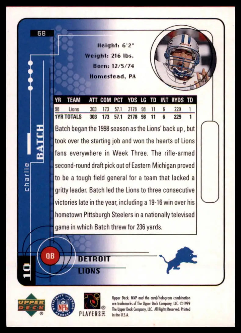 1999 Upper Deck MVP Charlie Batch 68 Detroit Lions NM - Football Card Single
