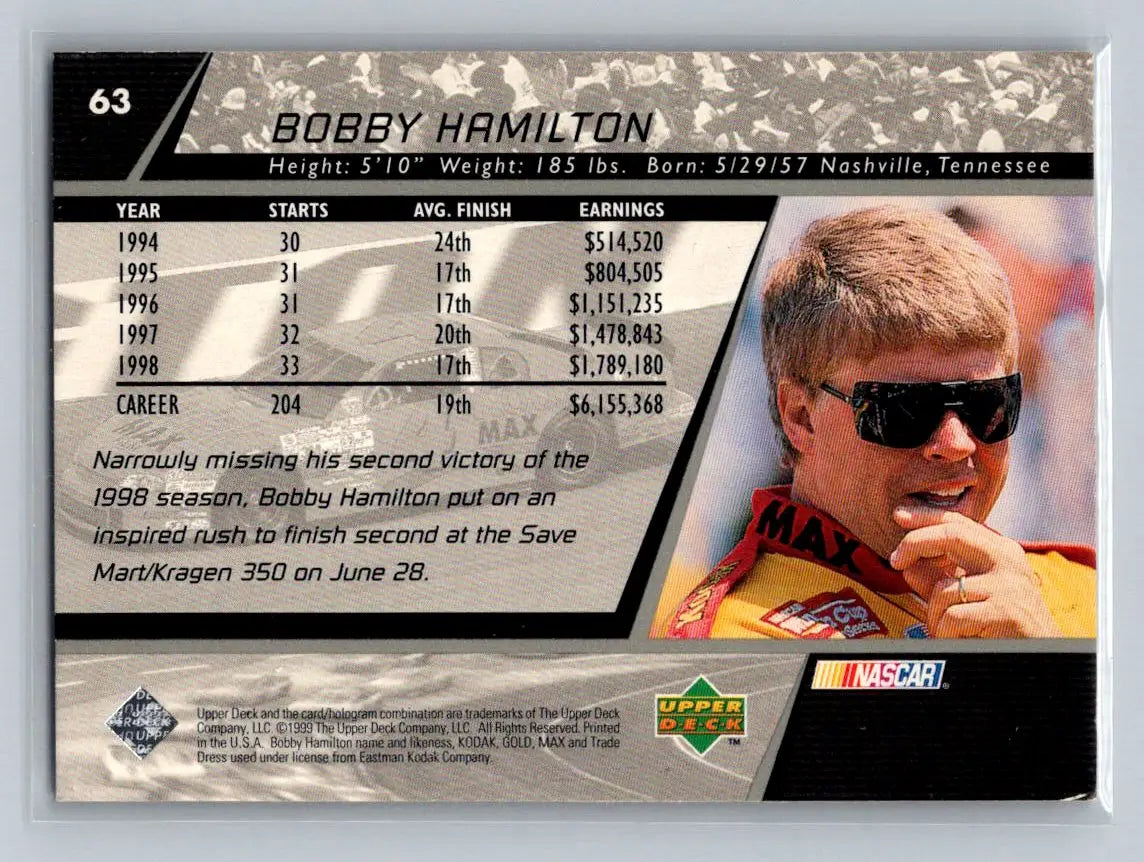 1999 Upper Deck Victory Circle #63 Bobby Hamilton Morgan-McClure Motorsports - Racing Card Single