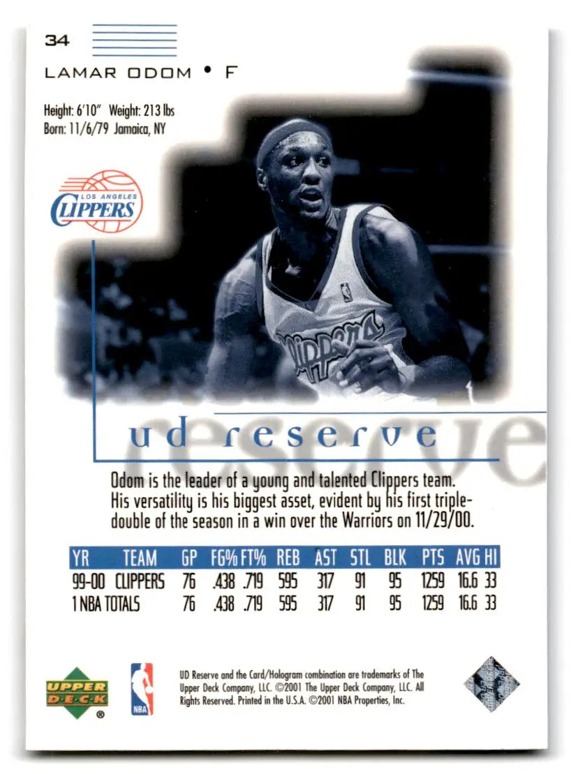 2000-01 UD Reserve #34 Lamar Odom - Basketball Card Single