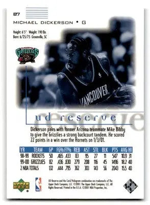 2000-01 UD Reserve #87 Michael Dickerson - Basketball Card Single