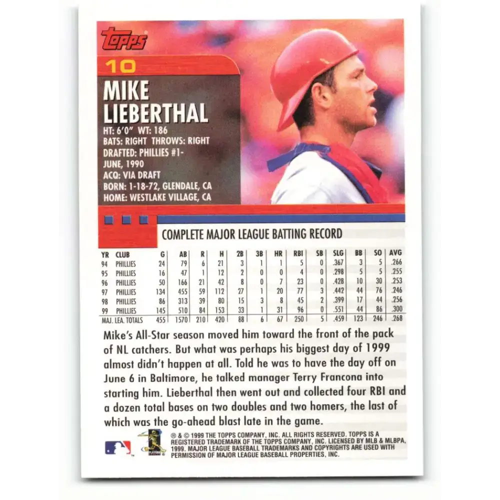 2000 Topps #10 Mike Lieberthal EX Excellent Philadelphia Phillies Baseball Card - Baseball Card Single