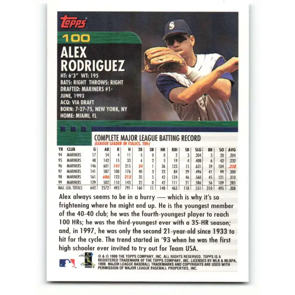 2000 Topps #100 Alex Rodriguez EX Excellent Seattle Mariners Baseball Card - Baseball Card Single