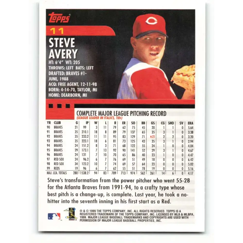 2000 Topps #11 Steve Avery EX Excellent Cincinnati Reds Baseball Card - Baseball Card Single