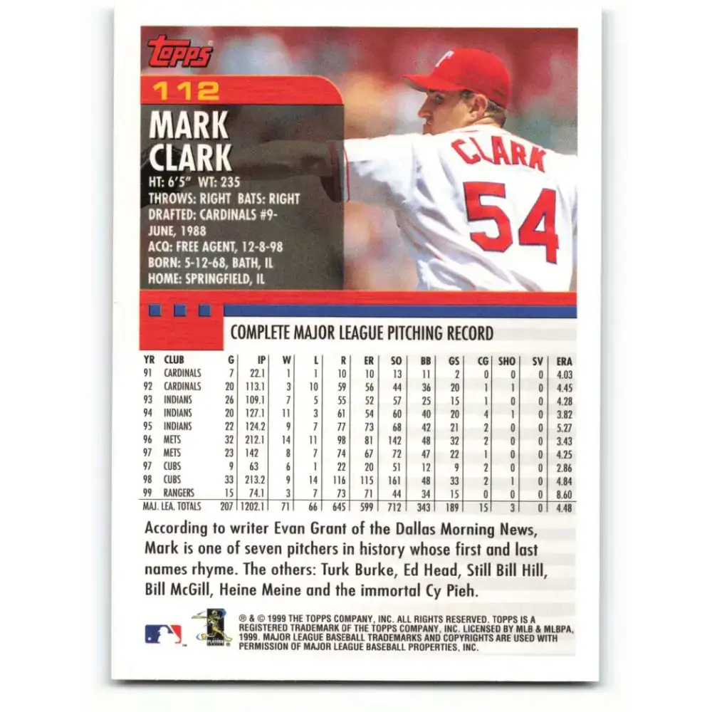 2000 Topps #112 Mark Clark EX Excellent Texas Rangers Baseball Card - Baseball Card Single
