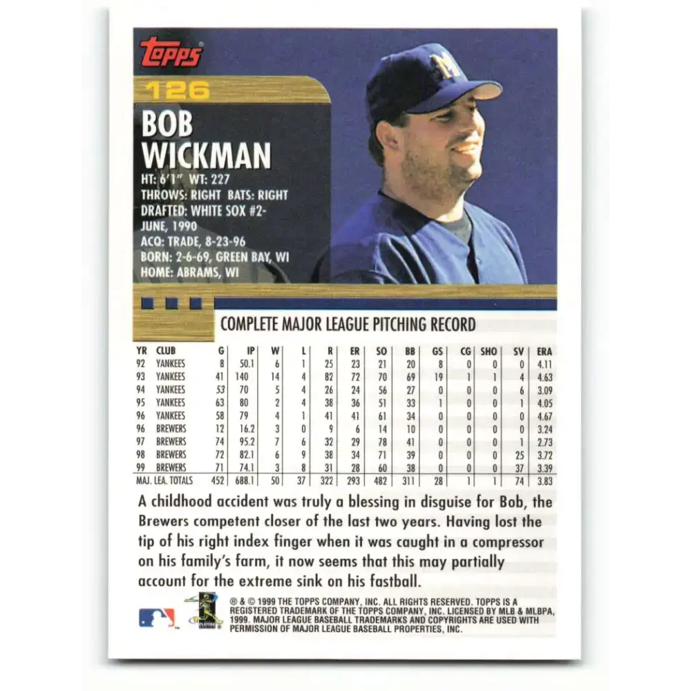 2000 Topps #126 Bob Wickman EX Excellent Milwaukee Brewers Baseball Card - Baseball Card Single
